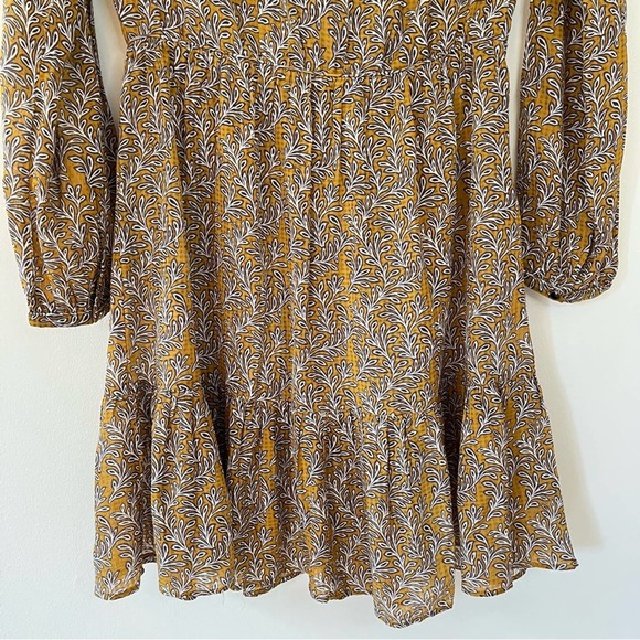 Vanessa Bruno Manuela Tiered Long Sleeve Botanical Leaf Mini Dress Amber Gold - Picture 3 of 11
